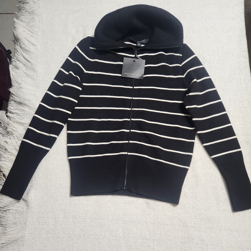 Marc New York Black and Ivory Striped Zip Up Sweater Size SM